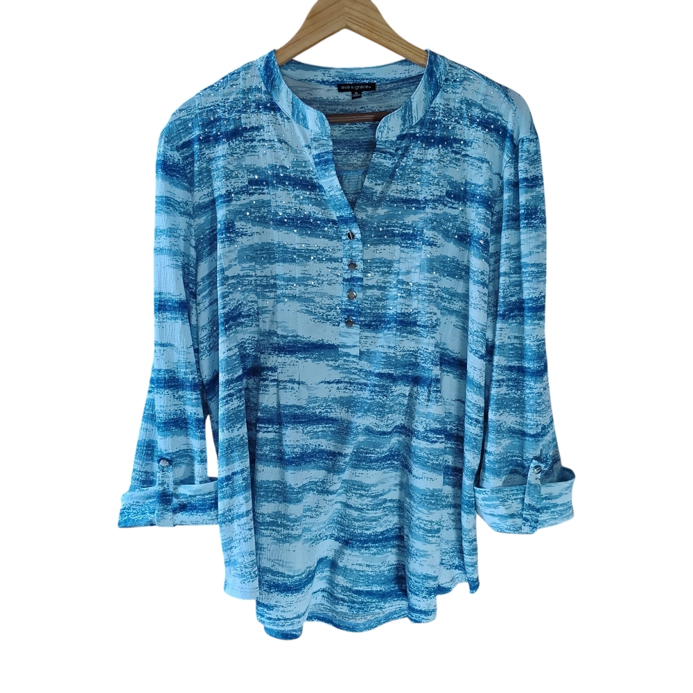 Ava & Grace Blue StripedEmbellished Henley Tunic Top Sz XL